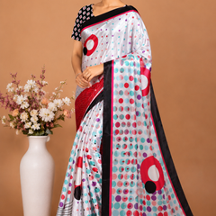 Off-White Satin Blend Saree with Multicolor Polka Dots & Red Accents