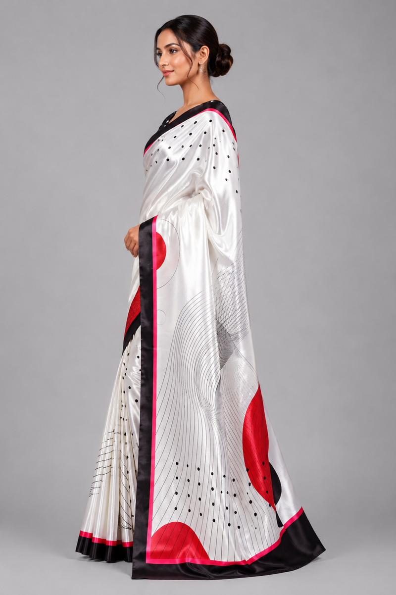 Off-White Satin Blend Saree with Red Polka Dots & Abstract Prints