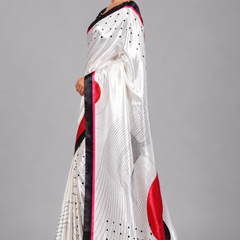 Off-White Satin Blend Saree with Red Polka Dots & Abstract Prints