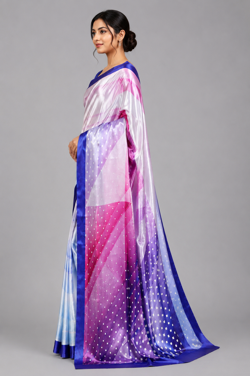 Lavender and Ice Blue Geometric Printed Satin Saree