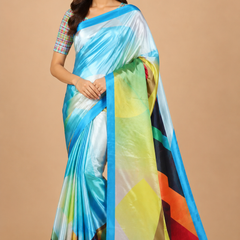 Multicolor Abstract Geometric Digital Print Satin Blend Saree