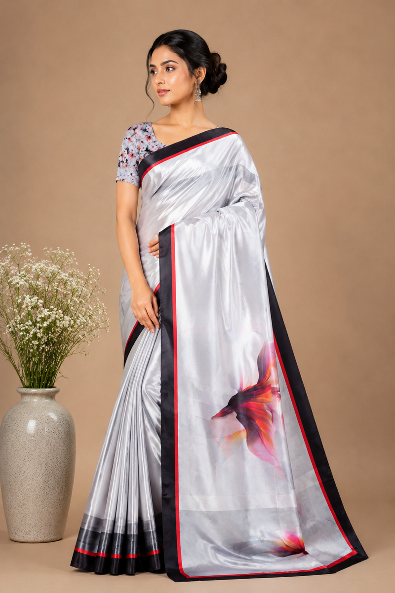 Silver Grey Silk Saree with Black Red Designer Border