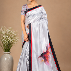 Silver Grey Silk Saree with Black Red Designer Border