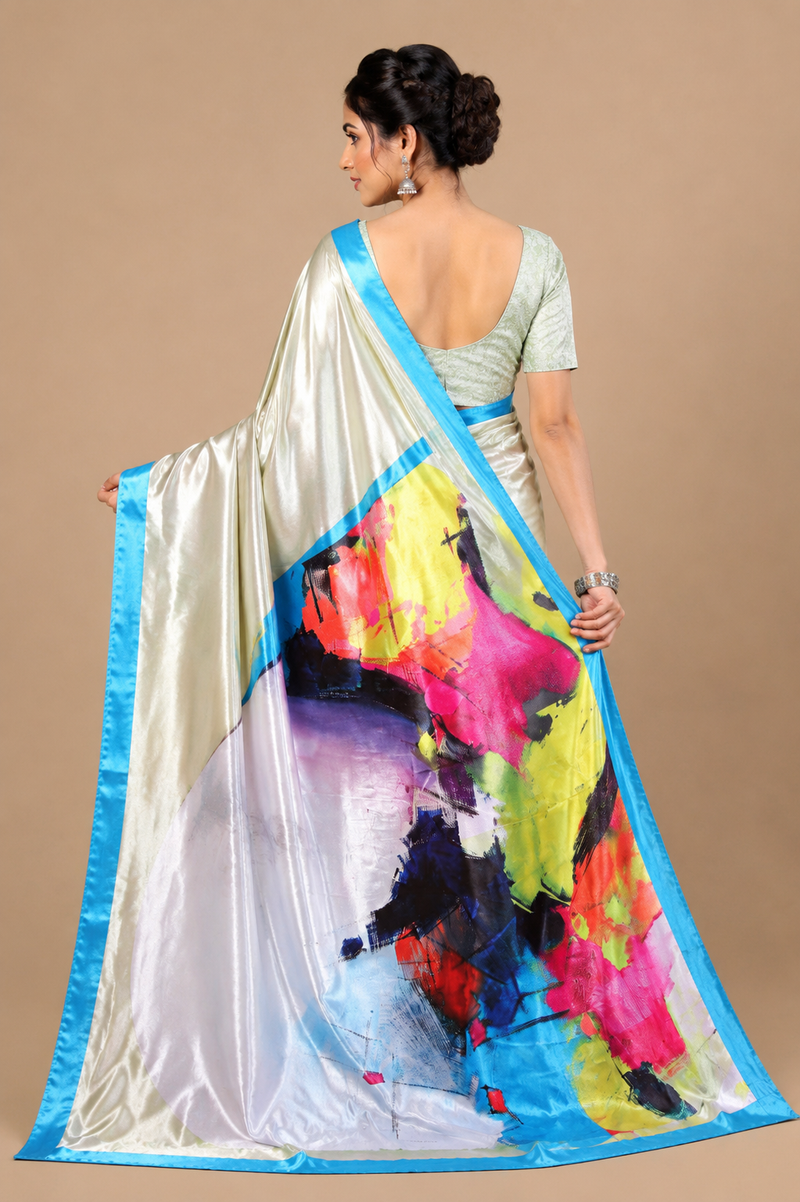 Ivory Silver Abstract Print Silk Saree with Blue Border