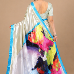 Ivory Silver Abstract Print Silk Saree with Blue Border