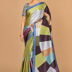 Multicolor Geometric Color-Block Satin Blend Saree