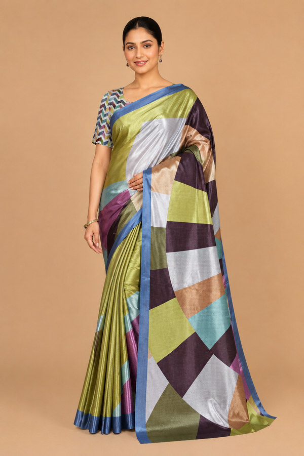 Multicolor Geometric Color-Block Satin Blend Saree