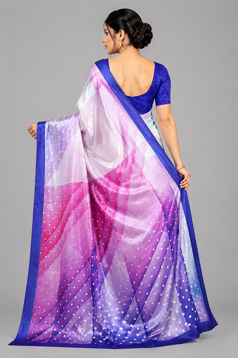 Lavender and Ice Blue Geometric Printed Satin Saree