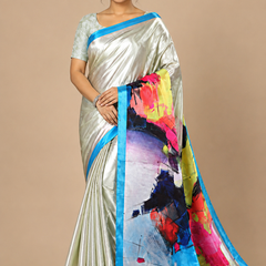 Ivory Silver Abstract Print Silk Saree with Blue Border