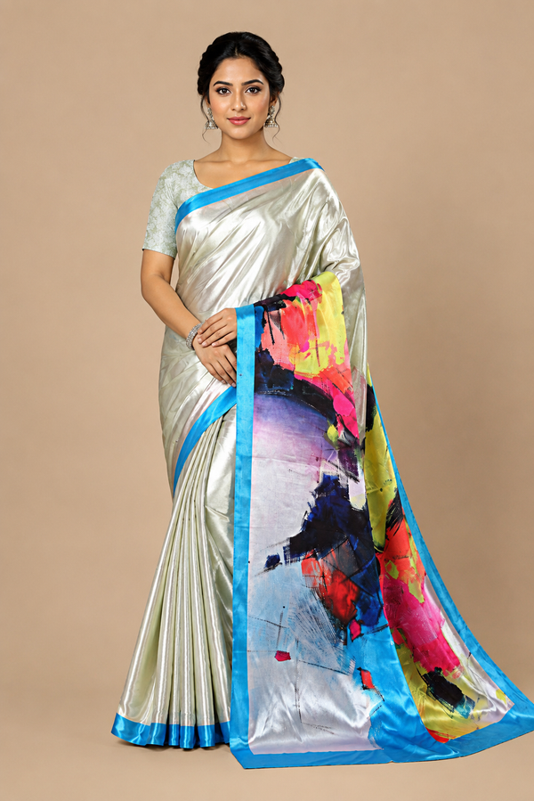 Ivory Silver Abstract Print Silk Saree with Blue Border