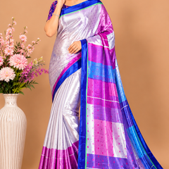 Off-White and Royal Blue Satin Blend Saree with Pink Geometric Pallu