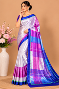 Off-White and Royal Blue Satin Blend Saree with Pink Geometric Pallu