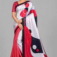 White, Red and Black Abstract Geometric Satin Saree