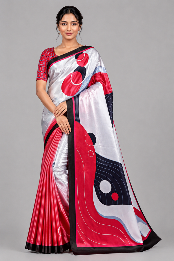 White, Red and Black Abstract Geometric Satin Saree