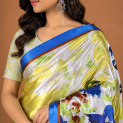 Vibrant Yellow and Royal Blue Abstract Printed Satin Saree