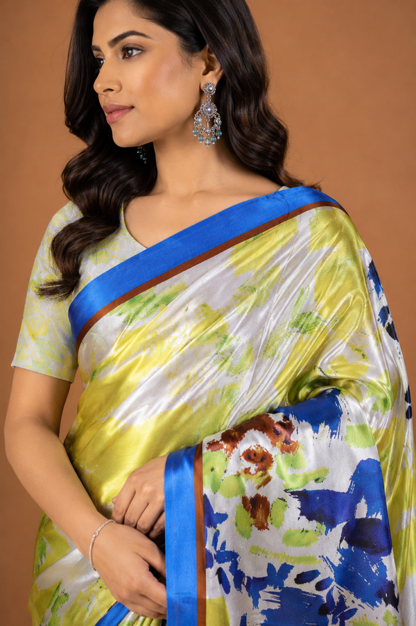 Vibrant Yellow and Royal Blue Abstract Printed Satin Saree