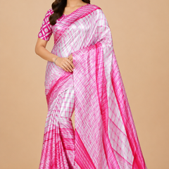 Pink and White Leheriya Print Satin Blend Saree