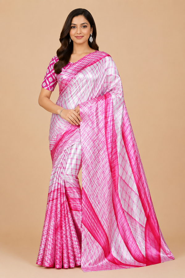 Pink and White Leheriya Print Satin Blend Saree