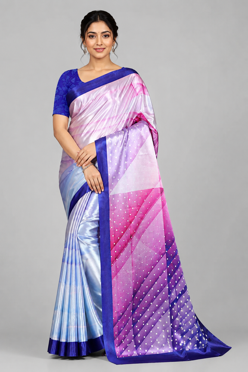 Lavender and Ice Blue Geometric Printed Satin Saree
