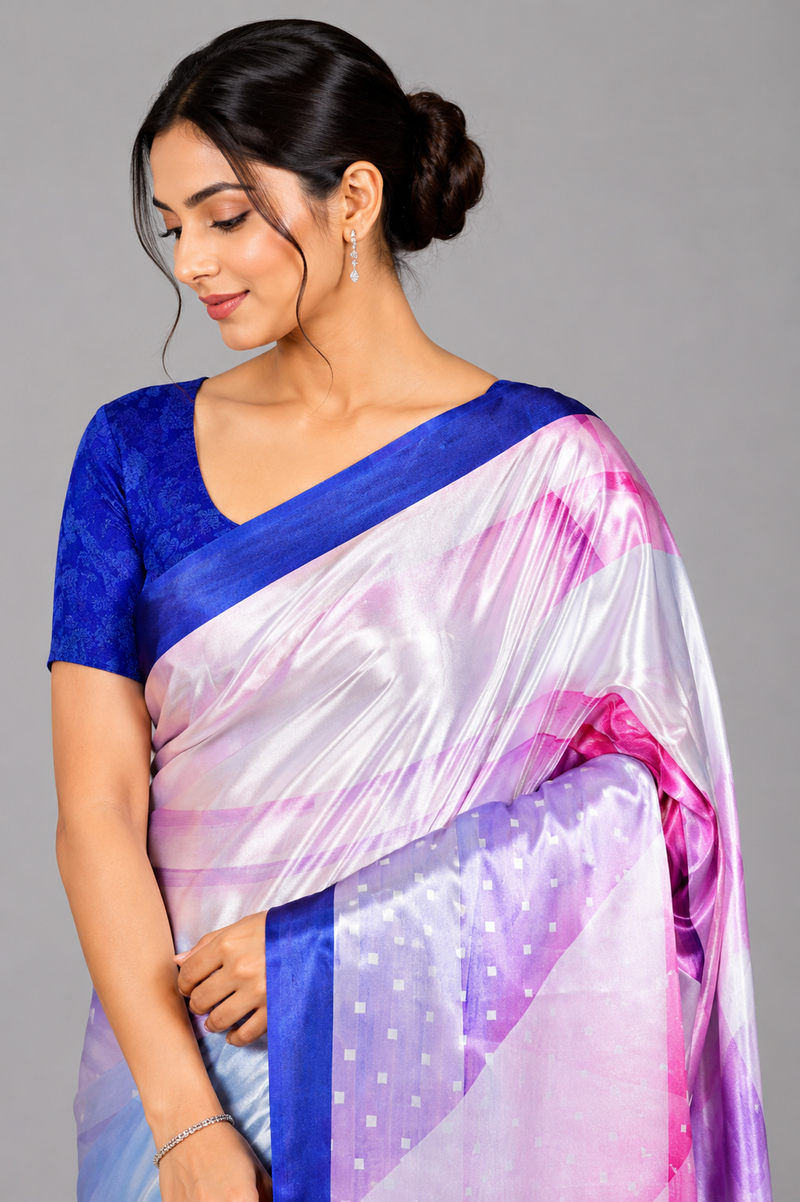 Lavender and Ice Blue Geometric Printed Satin Saree