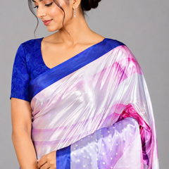 Lavender and Ice Blue Geometric Printed Satin Saree