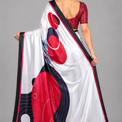 White, Red and Black Abstract Geometric Satin Saree