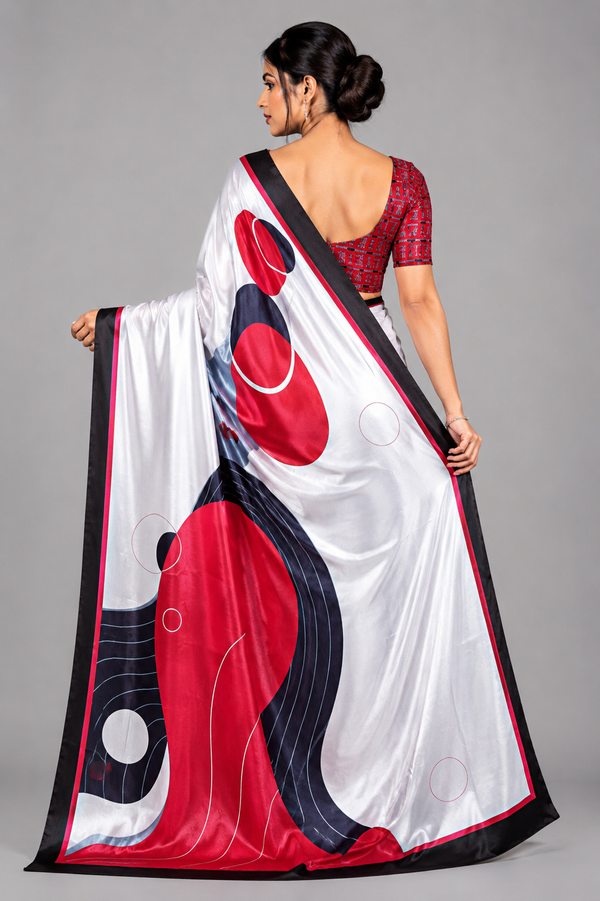 White, Red and Black Abstract Geometric Satin Saree