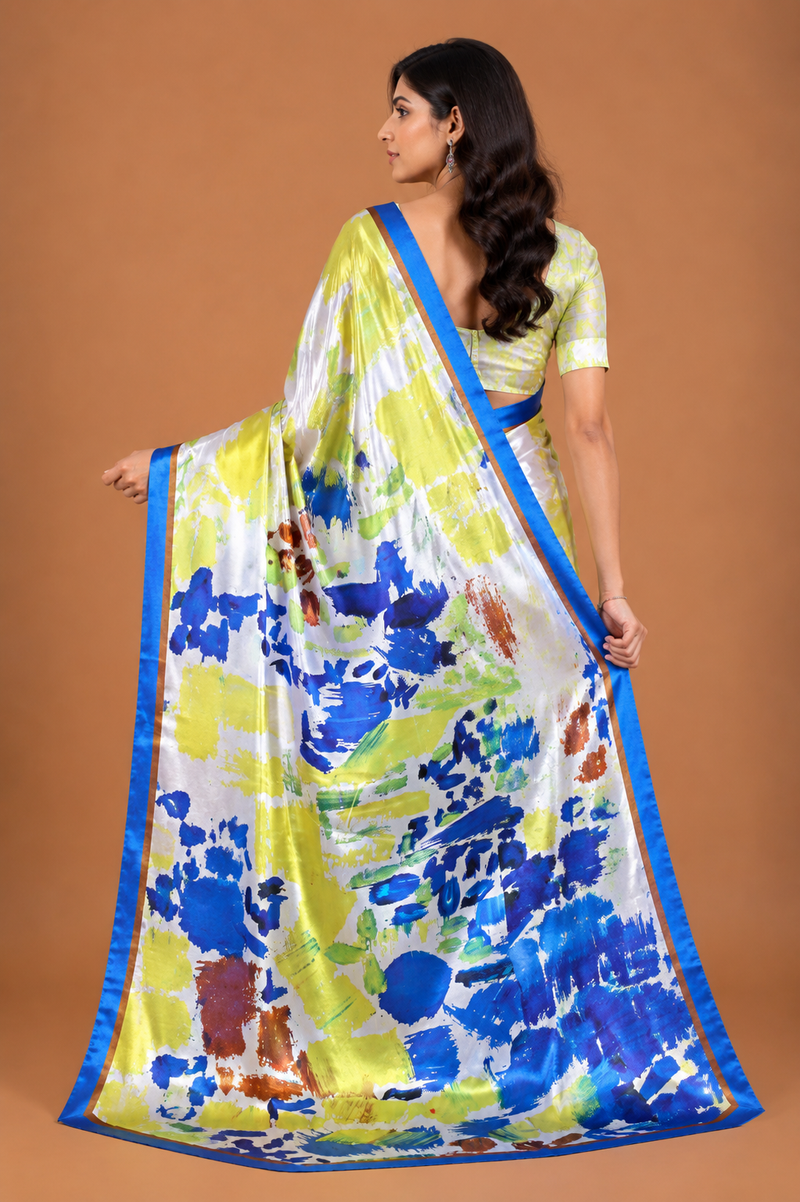 Vibrant Yellow and Royal Blue Abstract Printed Satin Saree