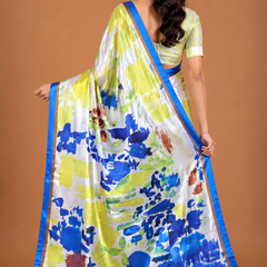 Vibrant Yellow and Royal Blue Abstract Printed Satin Saree