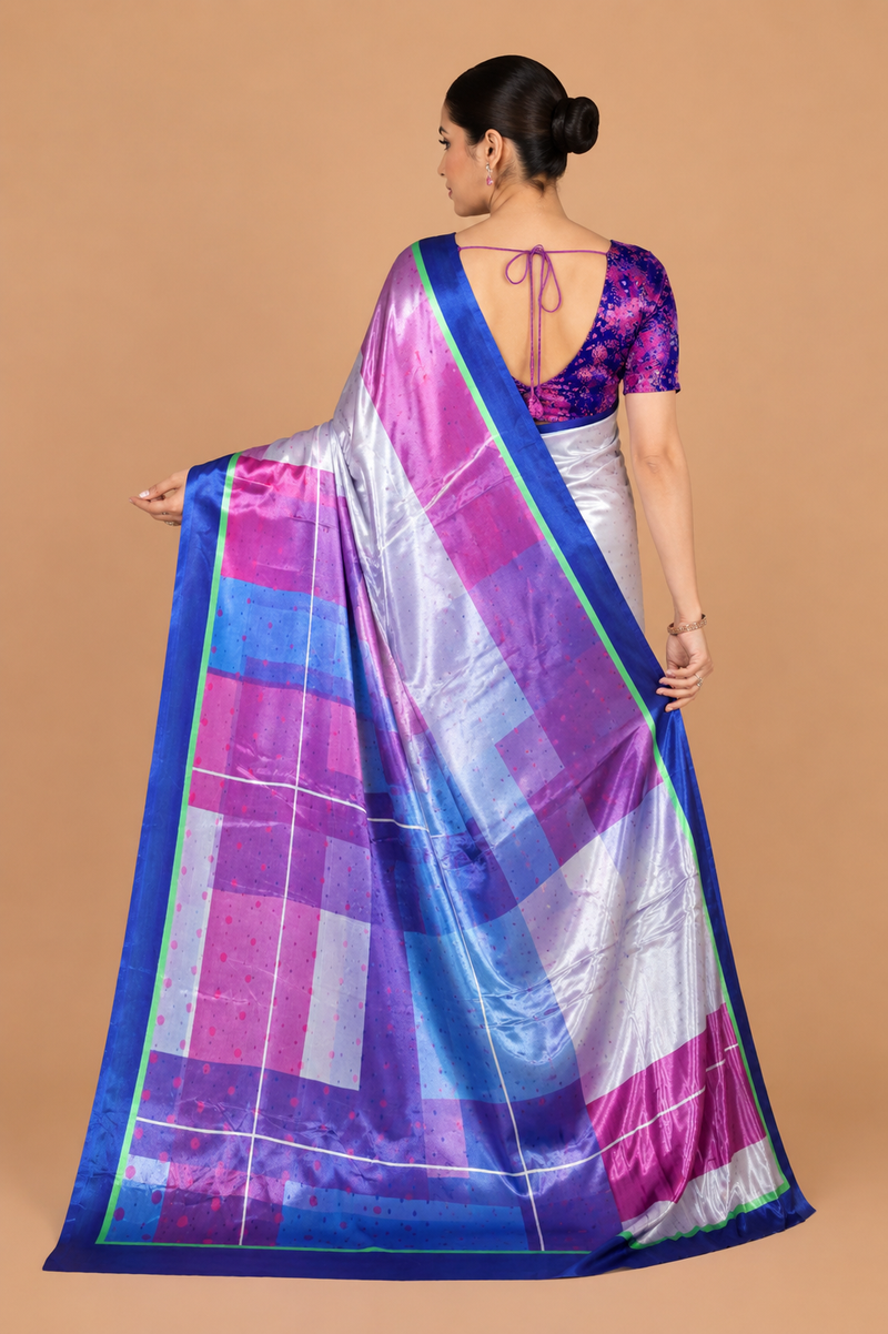 Off-White and Royal Blue Satin Blend Saree with Pink Geometric Pallu