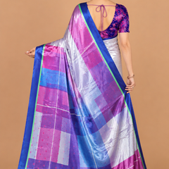 Off-White and Royal Blue Satin Blend Saree with Pink Geometric Pallu
