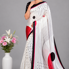 Off-White Satin Blend Saree with Red Polka Dots & Abstract Prints