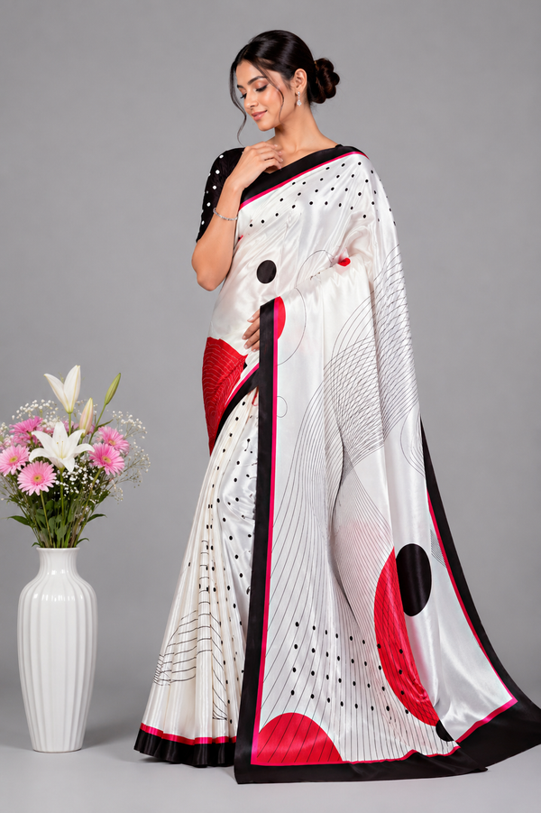 Off-White Satin Blend Saree with Red Polka Dots & Abstract Prints