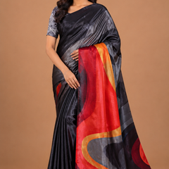 Black and Grey Satin Blend Saree with Red Abstract Pallu