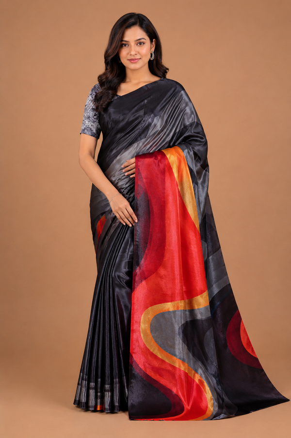 Black and Grey Satin Blend Saree with Red Abstract Pallu