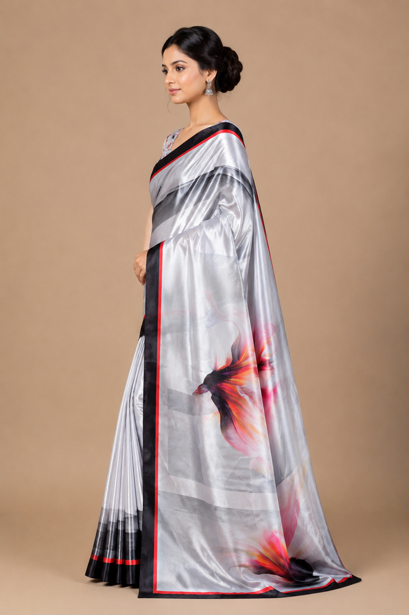 Silver Grey Silk Saree with Black Red Designer Border