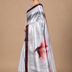 Silver Grey Silk Saree with Black Red Designer Border