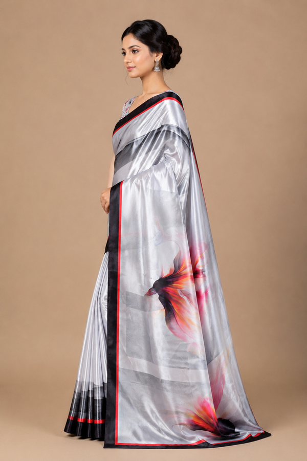 Silver Grey Silk Saree with Black Red Designer Border