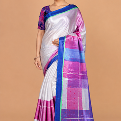 Off-White and Royal Blue Satin Blend Saree with Pink Geometric Pallu