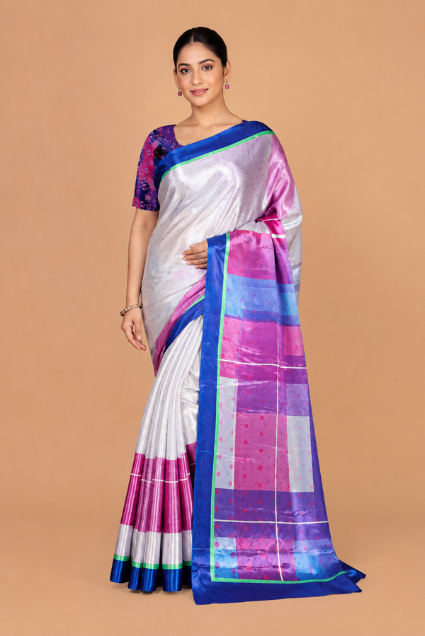 Off-White and Royal Blue Satin Blend Saree with Pink Geometric Pallu