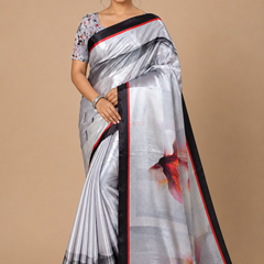 Silver Grey Silk Saree with Black Red Designer Border