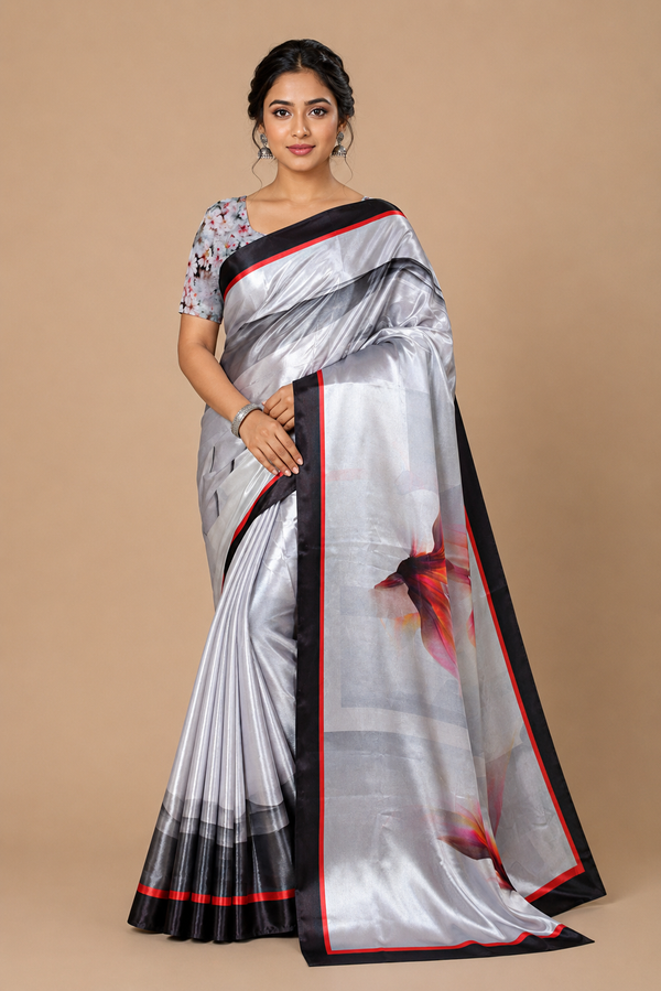 Silver Grey Silk Saree with Black Red Designer Border