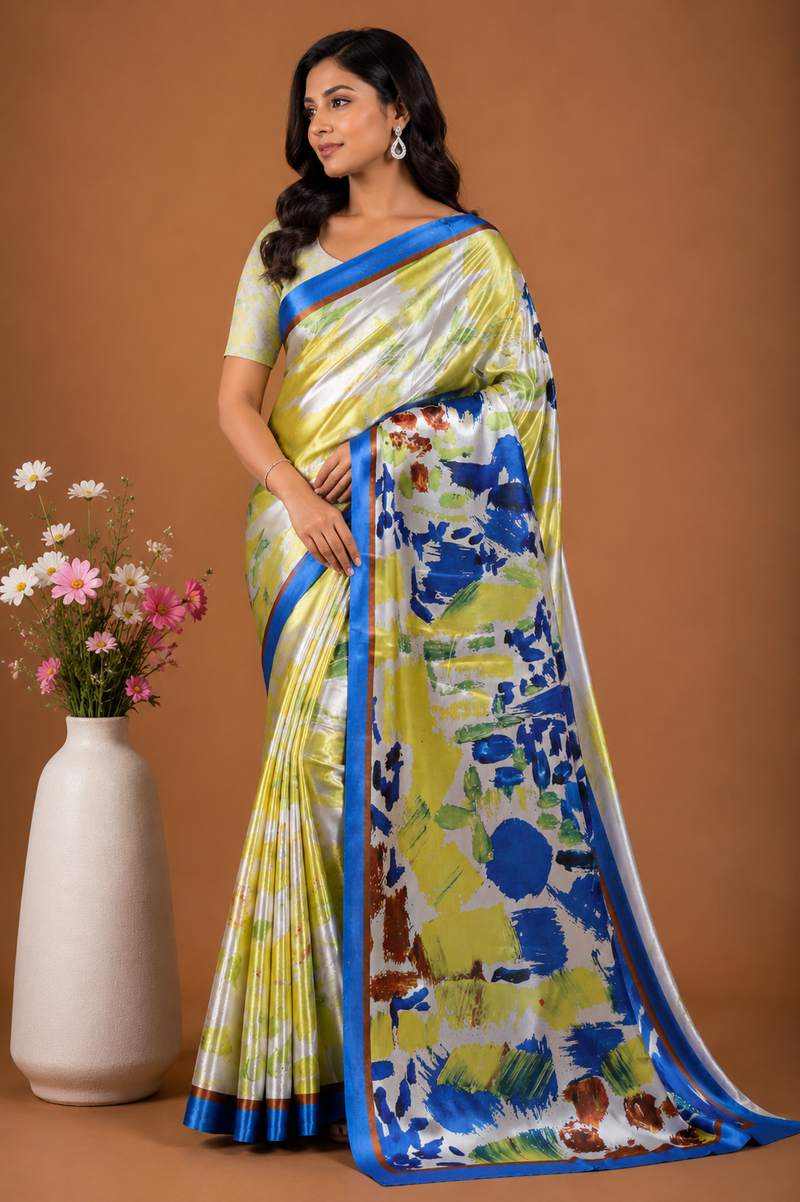 Vibrant Yellow and Royal Blue Abstract Printed Satin Saree