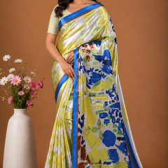 Vibrant Yellow and Royal Blue Abstract Printed Satin Saree