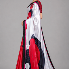 White, Red and Black Abstract Geometric Satin Saree