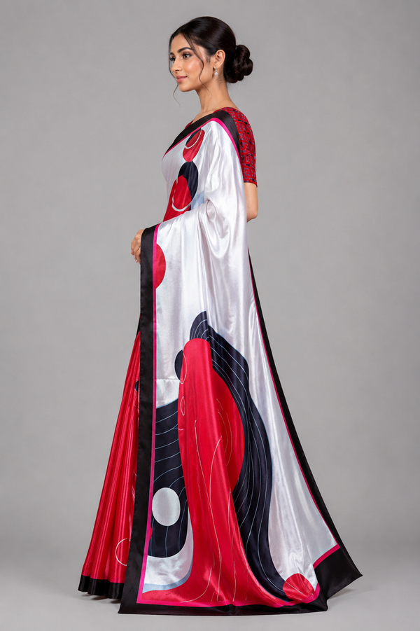 White, Red and Black Abstract Geometric Satin Saree