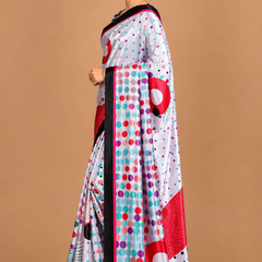 Off-White Satin Blend Saree with Multicolor Polka Dots & Red Accents