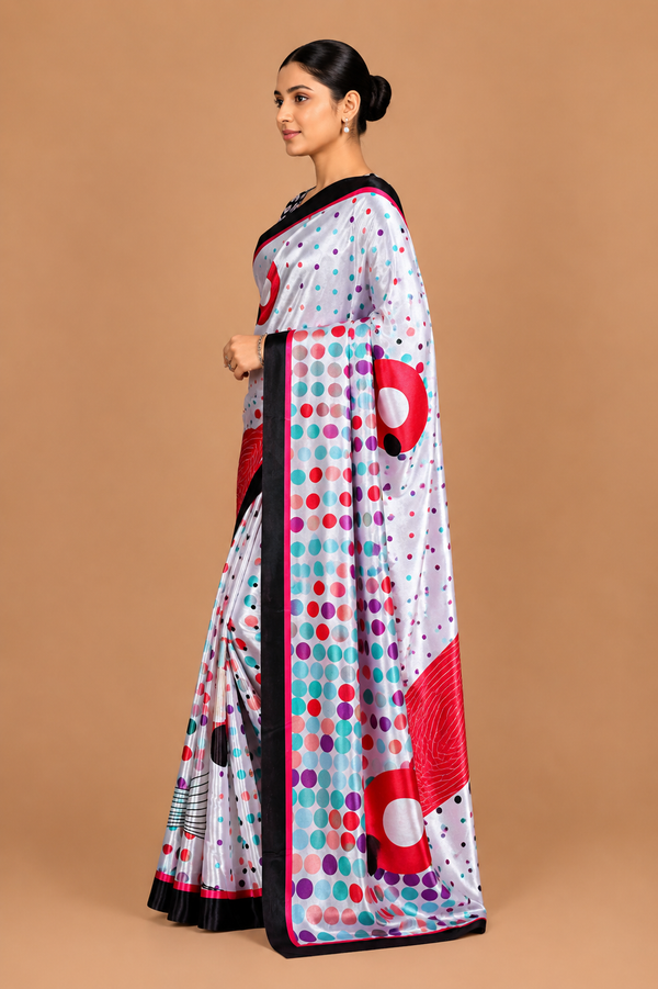 Off-White Satin Blend Saree with Multicolor Polka Dots & Red Accents