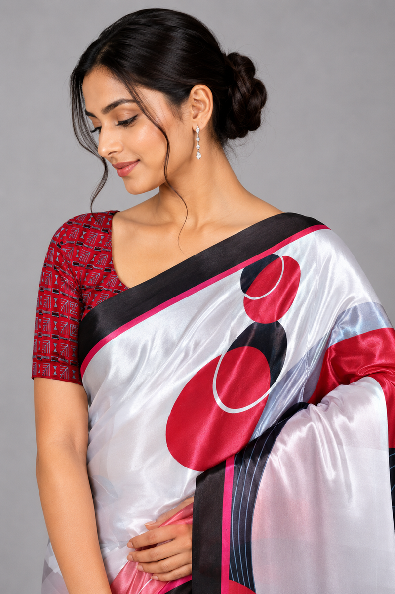 White, Red and Black Abstract Geometric Satin Saree