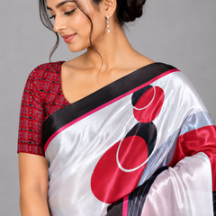 White, Red and Black Abstract Geometric Satin Saree